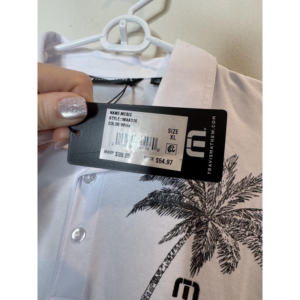 TravisMathew Polo Shirt Mens XL White Palm Tree Print Golf Tropical Short Sleeve - Picture 7 of 8